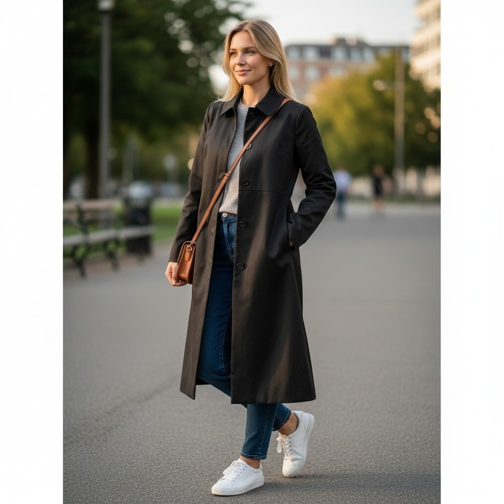 Nine West Womens Black Longline Trench Coat Button Front 2000s Style Size Small